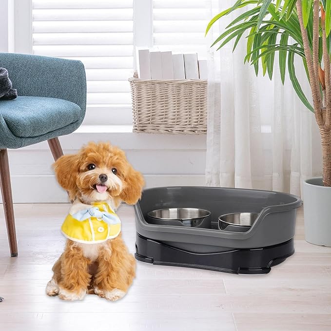 Cat Water and Food Bowl Feeder Food Dispenser Indoor Nonslip Pet Supplies Double Bowl Feeding Dish for Small Dogs Kitten Pets, Gray