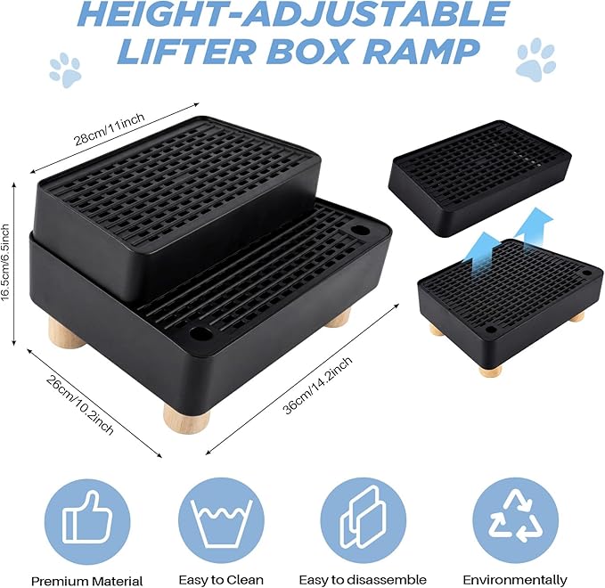 Adjustable 2 Steps Litter Box Ramp, Cat Litter Catcher Mat with Wooden Feet, Filter Function, Litter Box Step for Small & Elderly Cats, Fits Automatic Litter Boxes (Black)