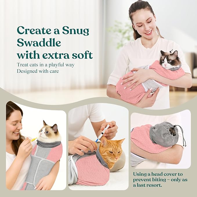 Supet Cat Grooming Wrap for Cutting Nails, Self-Adhesive Anti-Scratch Swaddle with Bite-Proof Mesh Hood & Thick Waist Strap Anti-Escape Bag for Nail Trimming, Medication, Ear Cleaning (Pink L)