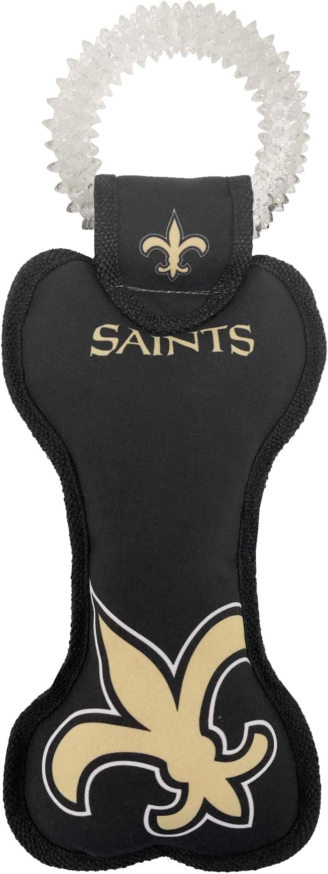 Pets First NFL New Orleans Saints Dental Dog TUG Toy with Squeaker. Tough PET Toy for Healthy Fun, Teething & Cleaning Pet's Teeth & Gum.