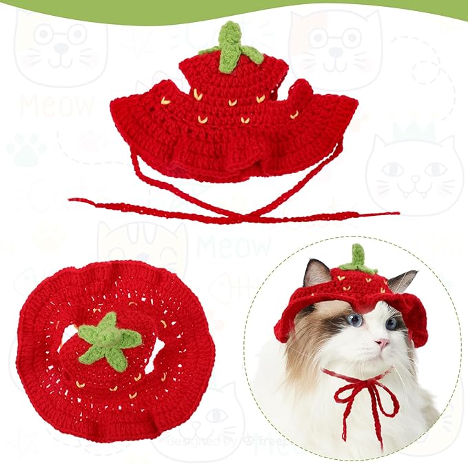 Thinp Strawberry Cat Hat, Cotton & Soft Cute Knitted Hats for Cats Crochet Cat Hat Birthday Holiday Party Christmas Knit Puppy Hats for Small Pets (Red, M)
