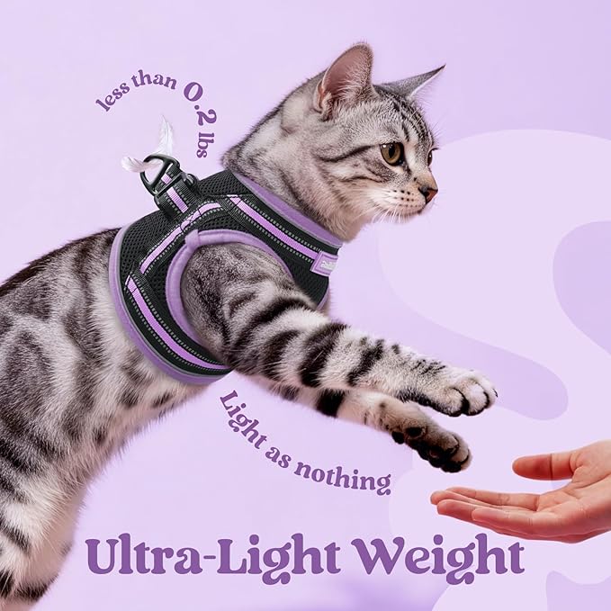 rabbitgoo Cat Harness and Leash Set for Walking Escape Proof, Adjustable Soft Kittens Vest with Reflective Strip for Cats, Comfortable Outdoor Vest, Black & Light Purple, L