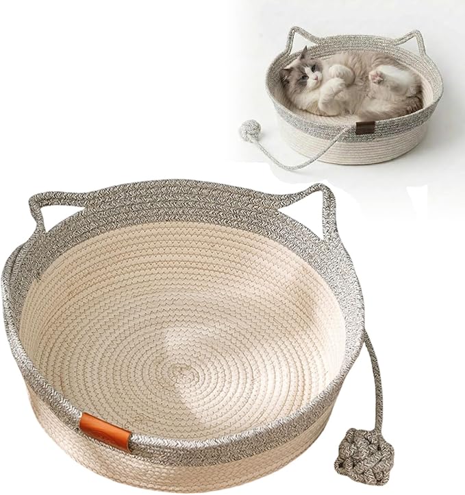 Stimulicat Hand Woven Cotton Rope Cat Bed Basket with Scratching Pad and Ball, Round Boho Pet Nest for Indoor Cats and Small Dogs, Natural Breathable, All-Season (Grey, Large)