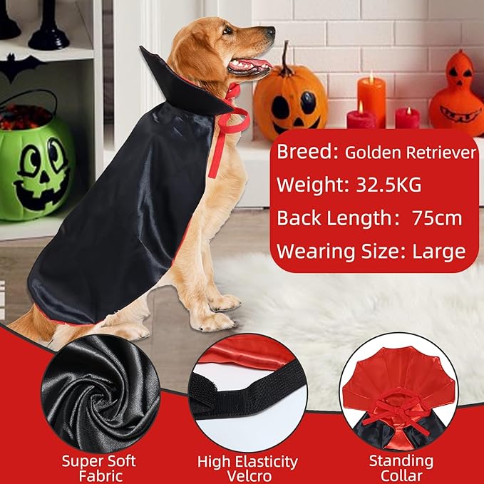 ROSAUI Halloween Pet Vampire Cape – 23.62″ Adjustable Red & Black Costume for Large Dogs (Golden Retriever, Labrador, German Shepherd) Spooky Cloak with Stand-Up Collar (L Size)