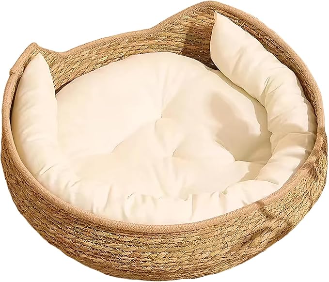 Cat Bed, 13.78x13.78x5.12 inches Cat Woven Nest Bed with Soft Cushion and Pillow - All Season Weaving Pet Sleeping Resting Scratching Furniture for Puppy Dog Kitten