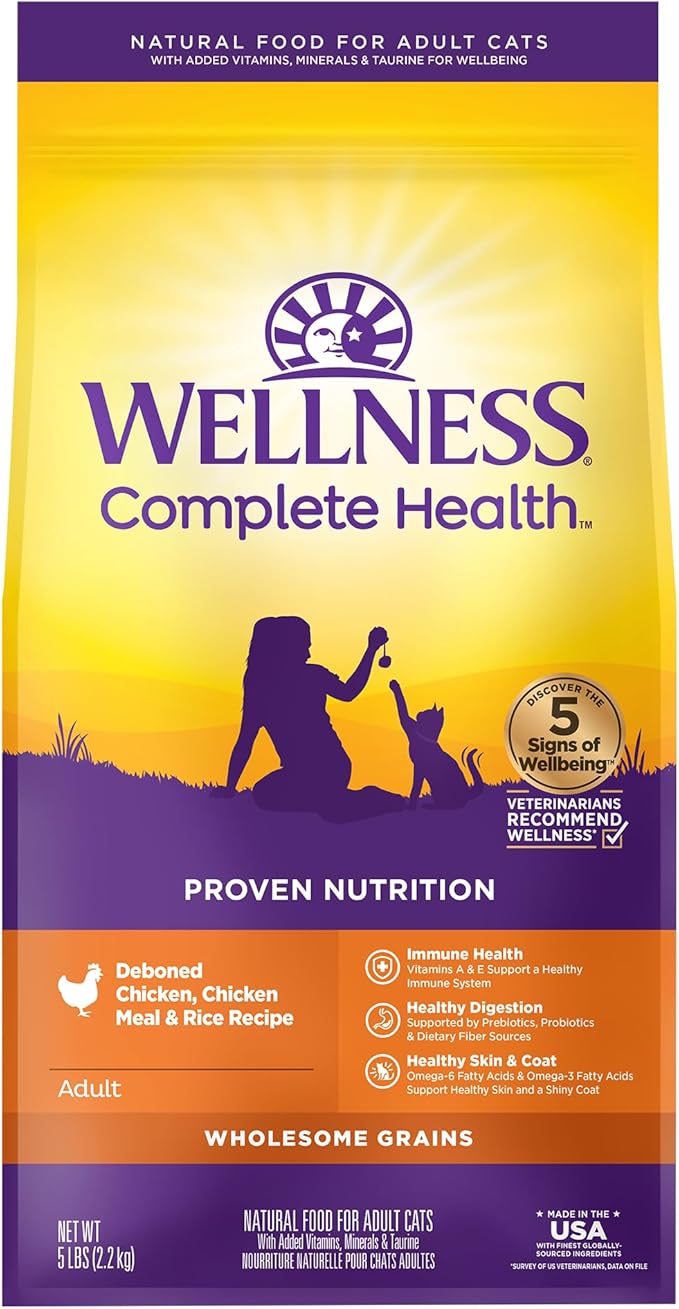 Wellness Complete Health Adult Dry Cat Food, Natural, Wholesome Grains Kibble, Chicken Recipe, 5 lb Bag