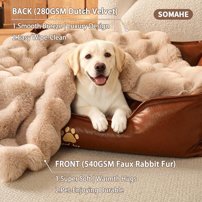 SOMAHE Dog Blanket, Reversible Sherpa & Bubble Fleece Pet Throw, Ultra-Soft Plush for Medium Dogs, Machine Washable, Anti-Static, Warm & Cozy, 39"×31" Inch Coffee