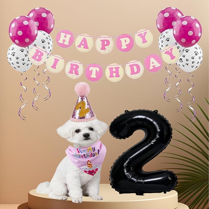 Dog Birthday Party Supplies with Bandana and Party Hat with Numbers, Happy Party Banner and Bollon for Small Middle Dogs Pink Birthday Girl Boy Scarf (Pink)