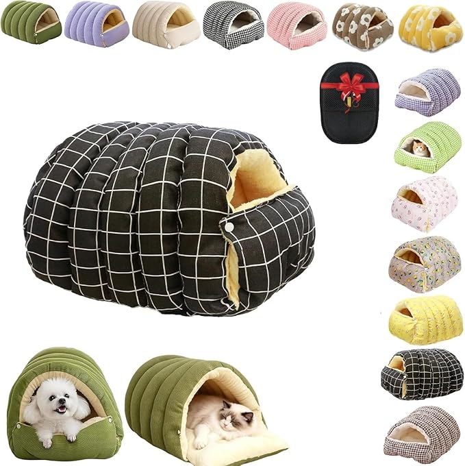 Removable and Washable Winter Closed-Off Cat Bed, Cutypet Winter Cave, Warm Foldable Secure Pet Nest for Indoor Cats & Small Dogs, Comfor Plush Snuggle Hut for Kitty, Puppy, Pets (Linen-Black 2,M)