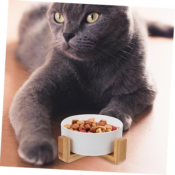 Practical Elevated Dog Bowl Ceramic Cat Feeding Watering Supplies Structure Non-Slip Wooden Shelf