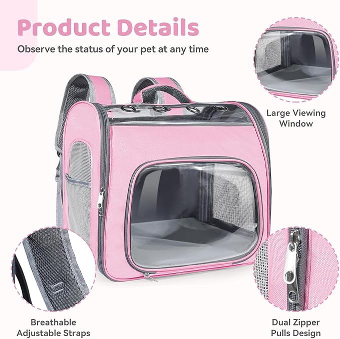 Innovative Traveler Backpack Pet Carriers Cat Backpack with Breathable Mesh Puppy Travel Carrier with Soft Padded Reinforced Support Foldable Small Dog Carrying Backpack for Kitty up to 15lbs (Pink)