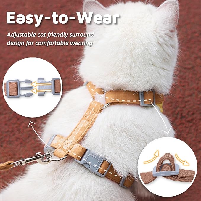 Escape-Proof Cat Harness and Leash Set - Adjustable and Comfortable - Ideal for Walking Cat Outdoors - Fits Small Dogs, Kittens, Medium, and Large Cats (Beige, M)