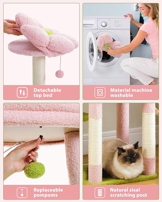MUTTROS 59" Flower Cat Tree, Tall Cat Tree for Large Cat, Multi-Level Cat Tower, Cute Cat Tree for Indoor Cats, Cat Condo with Large Hammock, Scratching Post, and 2 Perches, Pink