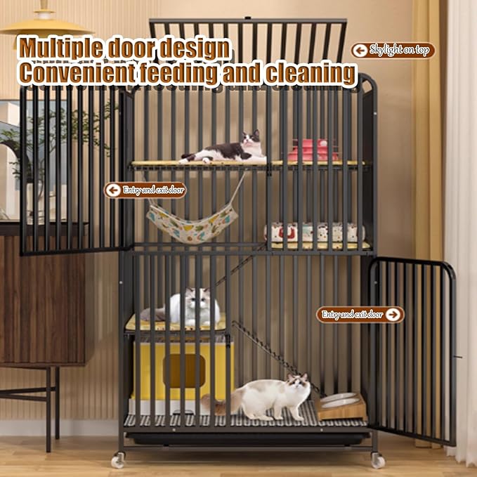 Large Indoor Cat Cage on Wheels with 360° Rotating Casters, Metal Wire Pet Enclosure for Adult Cats, Portable Cat House for Easy Mobility and Comfort