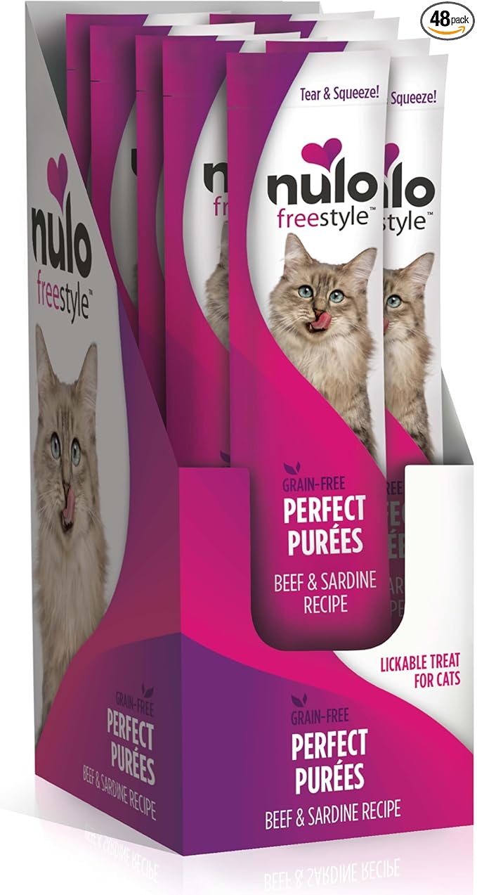 Nulo Freestyle Lickable Cat Treats - Perfect Purées Beef & Sardine, Squeezable Grain-Free Wet Cat Food Topper, High Moisture for Hydration, 48 x 0.5oz