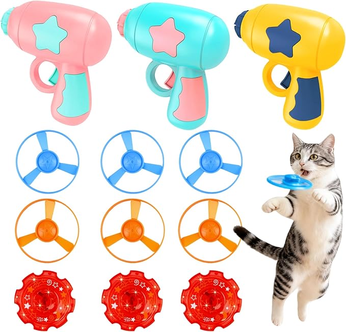 12 Pcs Cat Fetch Toy Set with 3 Red Spinning Tops 6 Flying Discs Colorful Interactive Toys for Kitten Chasing Tracking Playing Training Hunting