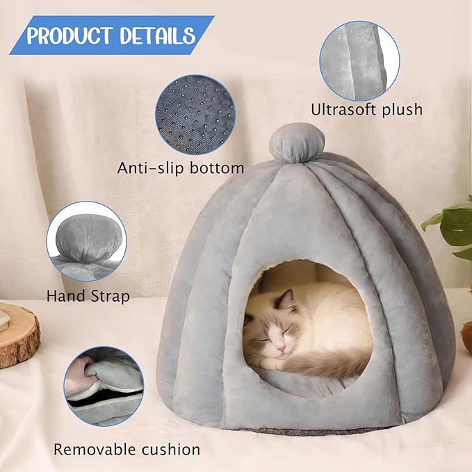 Cat Bed for Indoor Cats - Adorable Cozy Cat Cave with Removable Cushion, Super Soft Pet House Tent for Kittens & Small Pets, Warm & Washable Non-Slip Design(M 17.7 inch, Light Gray)