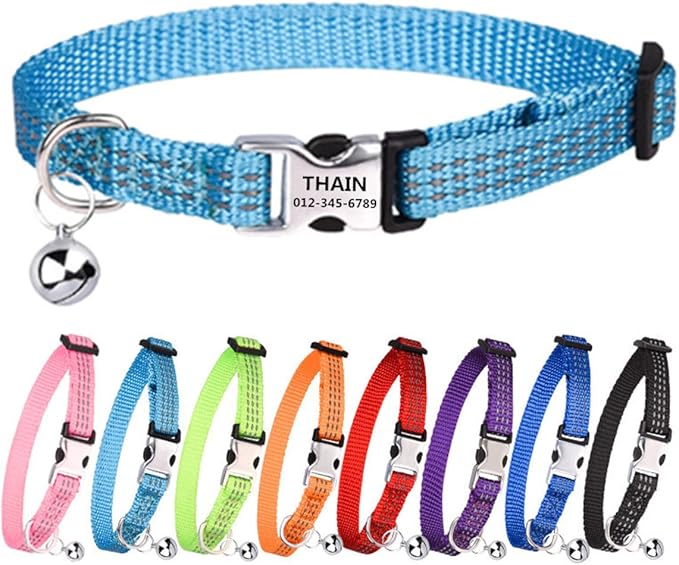 THAIN Cat Collar Personalized Reflective with Bell-Custom Cat Collar Engraved nameplate with Name and Phone,Adjustable for Cats and Kitten (Light blue)