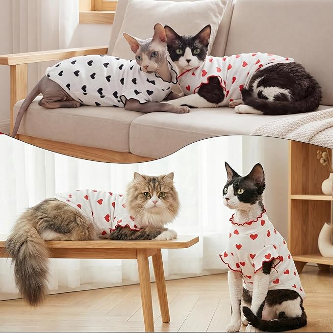DENTRUN Heart Pattern Sphynx Hairless Cats Shirt, Kitten T-Shirts with Perlin Sleeves, Breathable Cat Wear Cute Sweater Adorable Hairless Cat's Clothes Vest Pajamas Jumpsuit