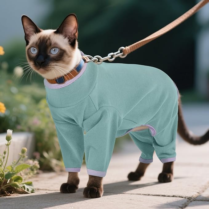 DENTRUN Cat Clothes for Hair Control with Hair Sticky Fabric - Soft Recovery Suit & Breathable Lint-Resistant Cat Sweater for Cats Only, Kitten Onesie Pajamas, XXL, Bean Green