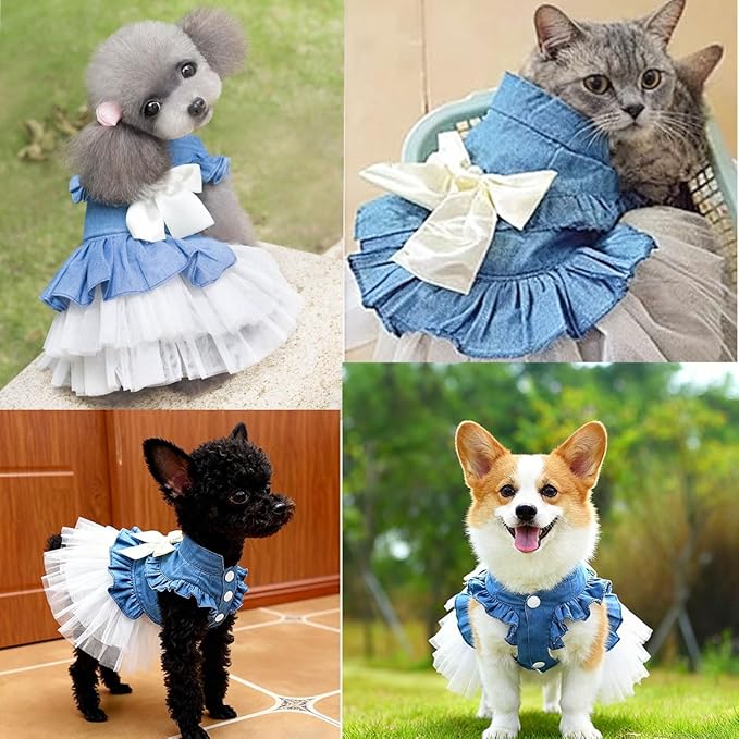 Dog Cat Denim Tutu Dress, Princess Puppy Kitten Outfit with Pearl Bow & Stand-Up Collar, Sleeveless Pet Clothes for Wedding Birthday Party, Easy Front Snap Closure for Chihuahua (White-Denim, Medium)
