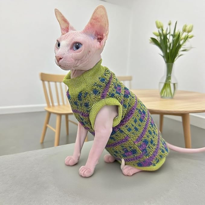 Sphynx Cat Winter Sweater, Warm Soft Fluffy Pet Clothes, for Hairless Cats, Cornish Rex, Devon Rex (Green, XXL (9.5-12 lbs))