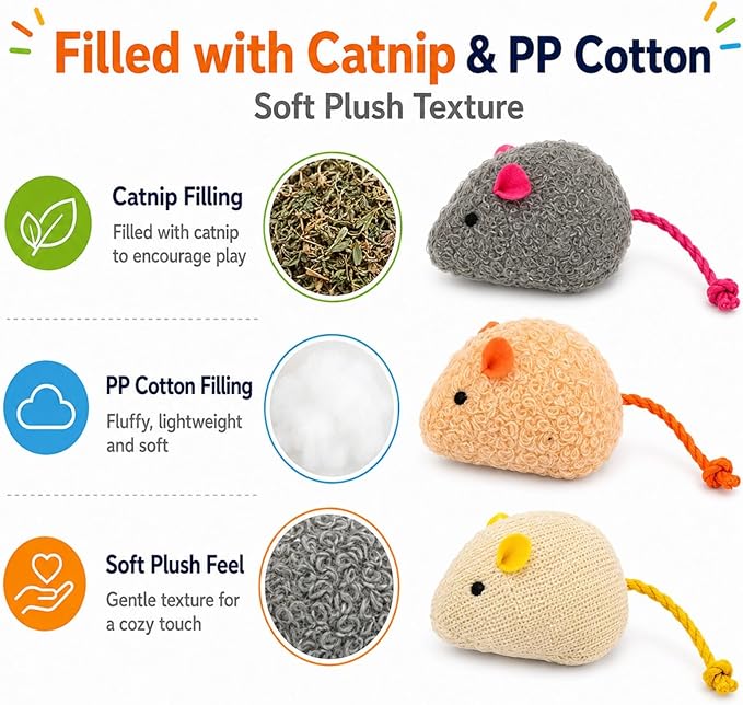 20-Pack Catnip Mouse Toys - Assorted Colors, Plush Mice with Catnip, Interactive Cat Toys for Indoor Kittens & Adults, Durable Cat Teaser Set