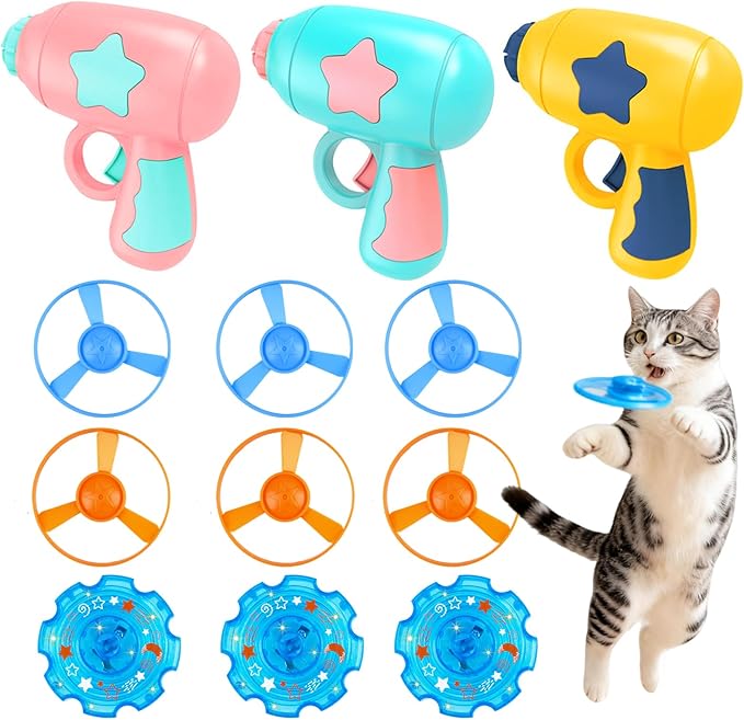 12 Pcs Cat Fetch Toy Set with 3 Blue Spinning Tops 6 Flying Discs Colorful Interactive Toys for Kitten Chasing Tracking Playing Training Hunting