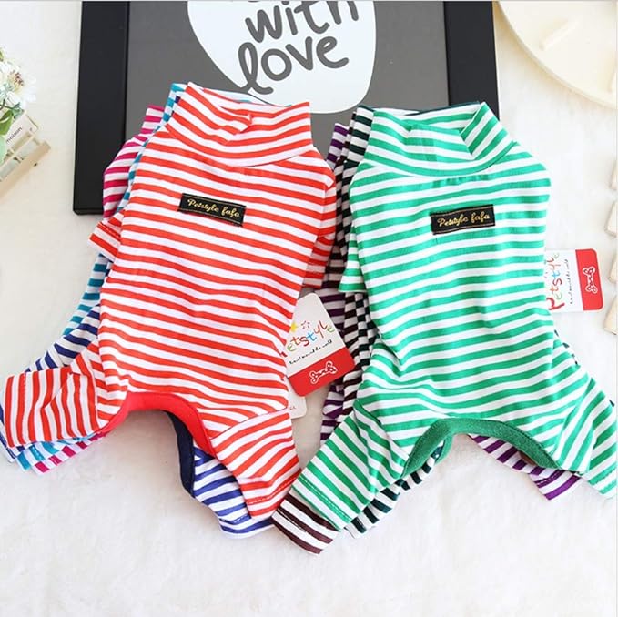 Hdwk&Hped Soft Cotton Dog Pajamas for All Seasons, Striped Pet Bottoming Jumpsuit for Small Dog Cat Puppy (#1, Striped Style - 2-Pack(red&Dark Green))