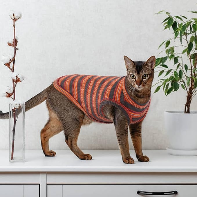 Sphynx Cat Clothes, Breathable Hairless Cat Shirts, Stripe Kitten T-Shirts Sleeveless, Pullover Cat Sweaters, Pet Summer Apparel for Sphynx, Cornish Rex, Devon Rex, Peterbald, Small Dogs