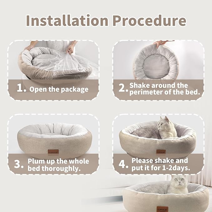 CLAYCLAY Cozy Round Cat Bed for Cats & Kittens, Soft Comfortable Plush Cushion, Non-Slip Machine Washable Donut-Shaped Sleep Bed, Ideal for Resting & Napping up to 45lbs (Large)