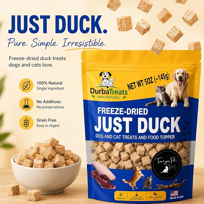 Freeze Dried Duck Large Pack Raw Dog & Cat Treats - Single-Ingredient Snacks, Food Topper Increase Appetite. Ideal for Pets with Allergies. Weight Control, Training Bites, High Protein (5 Ounce, Duck)