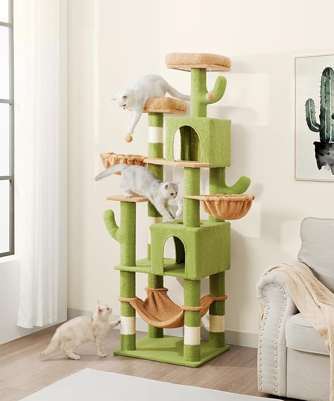 AMHANCIBLE Cactus Cat Tree, 70 Inch Tall Cat Tower for Indoor Cats, Multi-Level Cat Tree with Scratching Post, Hammock, Hanging Basket, Large Cat Condos for Adult Cats Kittens, Green, PT18GR