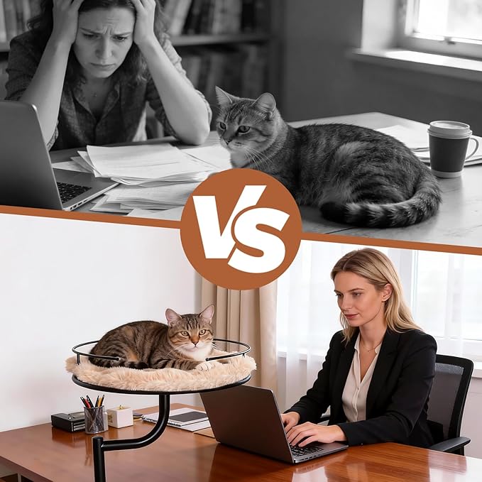 Cat Desk Bed - 360° Rotating & Adjustable Desk Cat Bed Attachment for Small Workspace, Supports 45 lbs, Washable Soft Thick Fur Mat, Large Kitten Nest Furniture for Office Desk Game Table