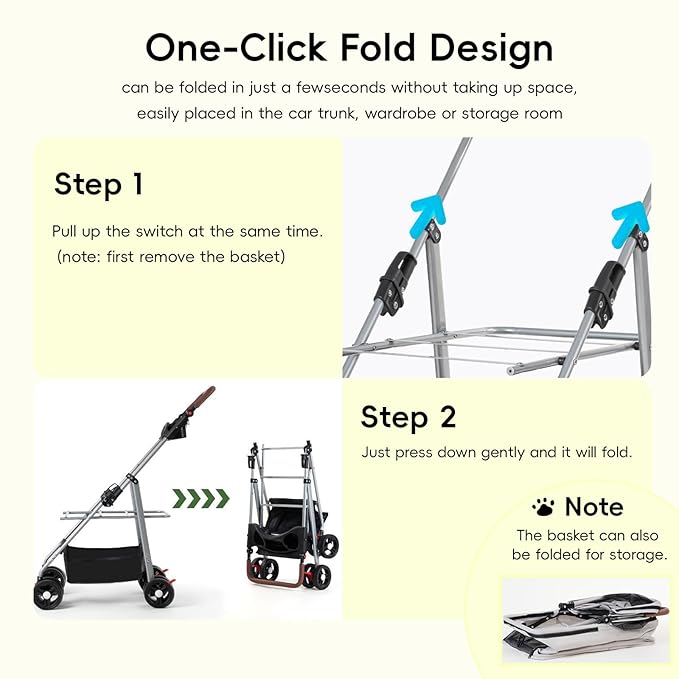 YYW Pet Stroller for Small Dogs & Cats, 3 in 1 Foldable Kittens Puppies Travel Strolling Cart with Removable Carrier, Cup Holder, Storage Basket & Lockable Wheels(Gray)
