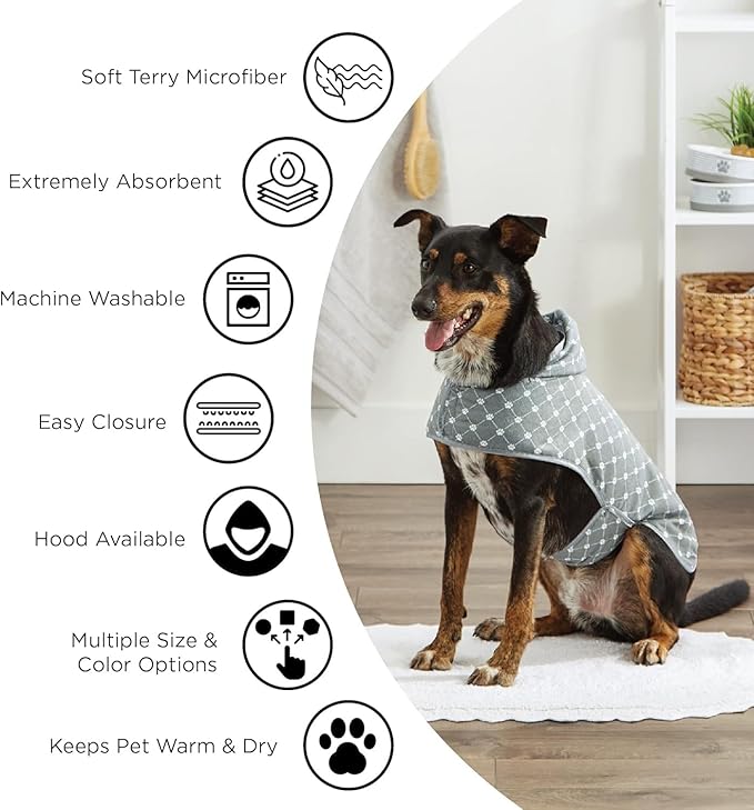 Bone Dry Pet Robe Collection, Embroidered Absorbent Microfiber Bath Robe with Adjustable Closure, for Dogs & Cats, Medium, Aqua