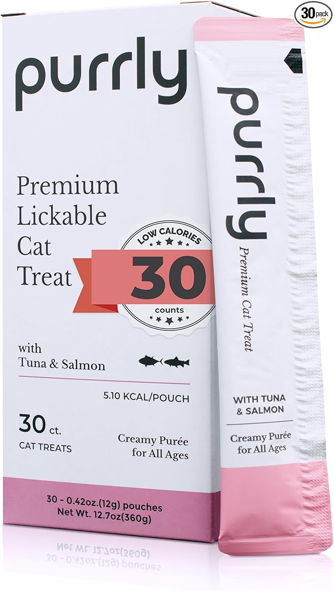 Purrly Squeezable Cat Treats Wet Healthy Interactive Hydrating Human-Grade Tuna & Salmon with Omega-3 & 6 for Skin & Coat (30 Count) Lickable Creamy Puree Topper Wild-Caught No-Artificial-Additives