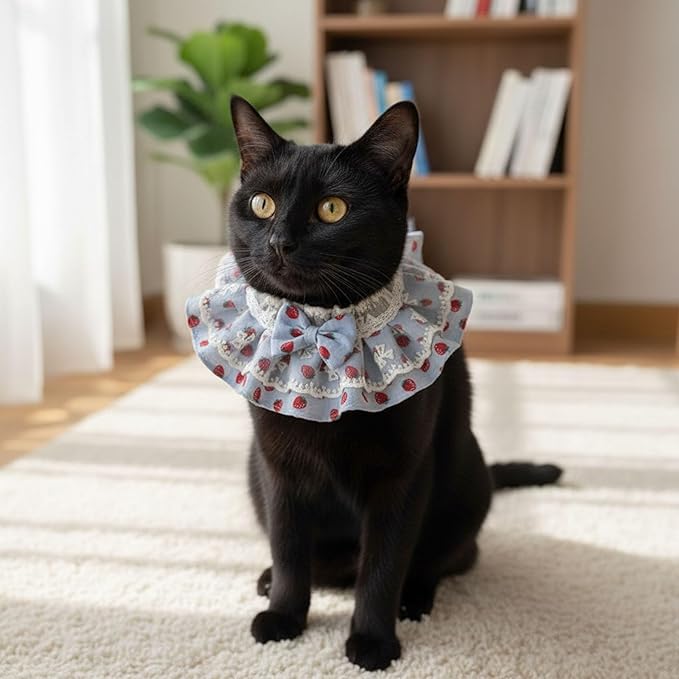 Cat Bib Collar, Cat Lace Bib with Bow Strawberry Print, Cute Kitten Scarf, Adjustable Lace Tie Puppy Bandana, Pet Costume Dress Up Accessories (XS)