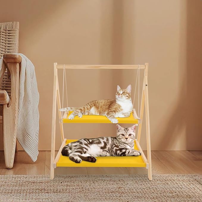 TFCFL Double Decker Cat Hammock Bed, Pine Wood & Cotton Cloth Cat Bunk Bed with Hanging Ropes, Elevated Cat Bed for Multiple Cats, Space Saving Cat Furniture for Indoor Cats (Yellow)