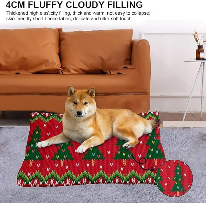 Christmas Knit Tree Pet Bed Mats Cat Mats for Sleeping Car Dog Pads Rectangle Dog Bed Non- Slip Bottom Pet Winter Supplies Multi- Scenario Crate Pad Gift Printed Big Beds 24× 18 Inch