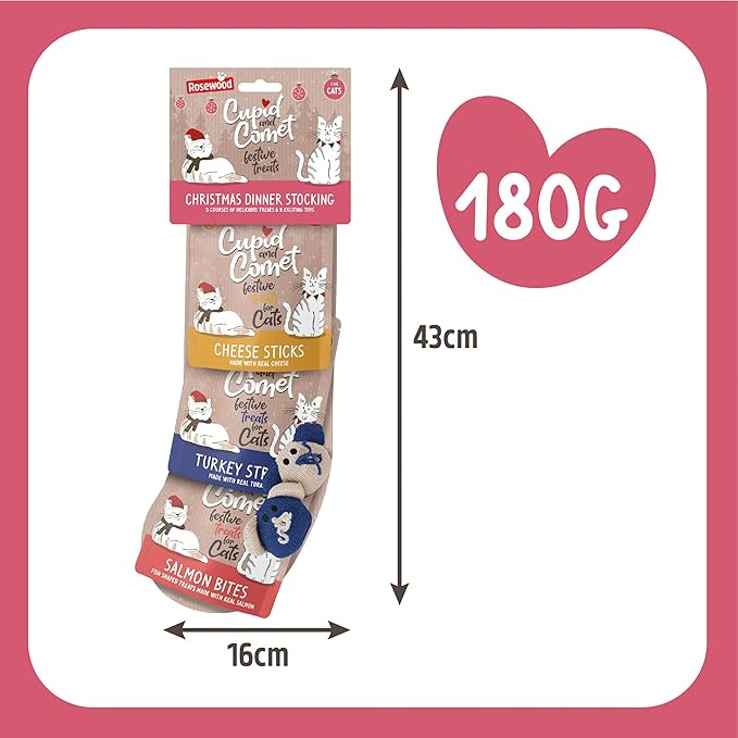 Rosewood Cupid and Comet Christmas Dinner Cat Stocking, Including: 1 x 40g Cheese Stick, 1 x 40g Turkey Strip, 1 x 40g Salmon bite cat Treats, 2 x Catnip Mouse cat Toys.