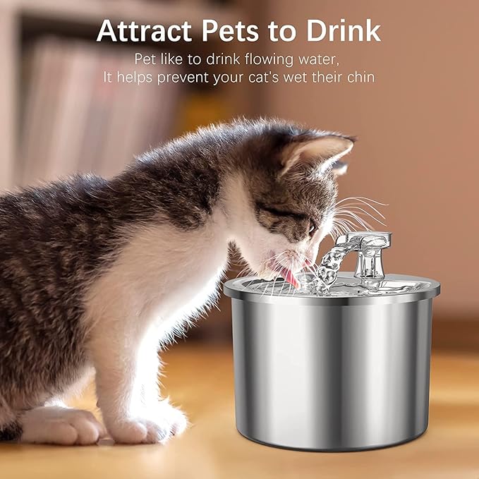 Cat Water Fountain - 67Oz/2L Automatic 304 Stainless Steel Pet Water Fountain, Ultra-Quiet Pump and 4 Replacement Filter