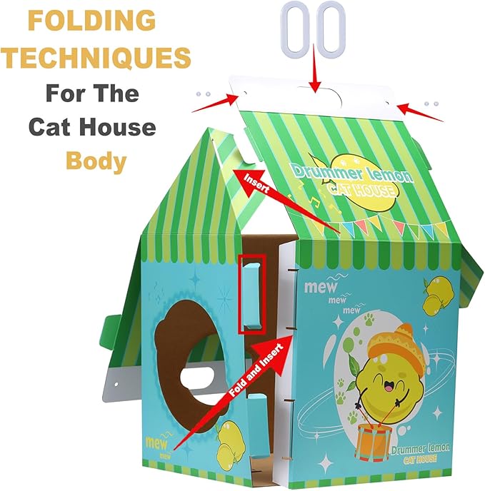 Cardboard Cat House with Scratcher – Yellow Pineapple Milk Carton Design, 22.5''H x 13''L x 13''W, Indoor Cat Playhouse & Hideout for Cats up to 16 lbs, Portable Handle, Corrugated Scratch Pad