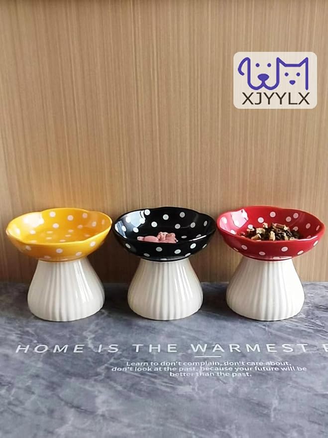 Mushroom Elevated Cat Bowls Ceramic, Raised Cat Bowl for Indoor Cats, Cute Whisker Fatigue Cat Bowl, Raised Dog Bowls Stand for Food and Water, Yellow 6" Wide for Adult Cats