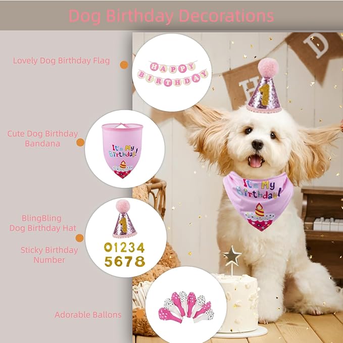 Dog Birthday Party Supplies with Bandana and Party Hat with Numbers, Happy Party Banner and Bollon for Small Middle Dogs Pink Birthday Girl Boy Scarf (Pink)
