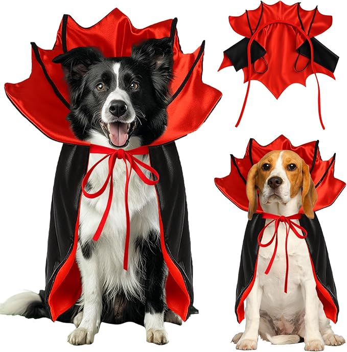 Dog Halloween Costume, Pet Cape for Small Puppy Dogs Cat Funny Red & Black Halloween Costumes with Neck Armor Adjustable Strap Idea for Vampire Party Cosplay (Red Bat, L)