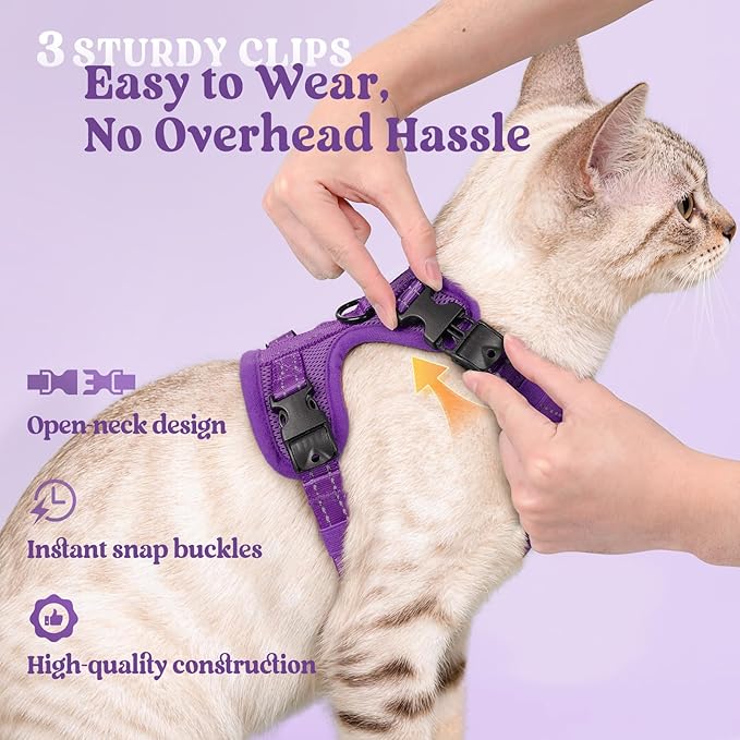 rabbitgoo Cat Harness and Leash, Escape Proof Vest with 3 Adjustable Buckles, Soft Comfortable Kitten Harness, Easy to Wear, Reflective for Safe Outdoor Walking, Medium, Purple