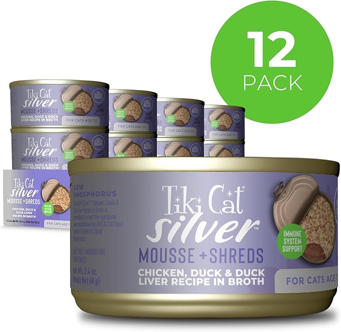 Tiki Cat Silver Wet Cat Food for Seniors, Chicken, Duck & Duck Liver, 2.4 oz. Cans (12 Count)