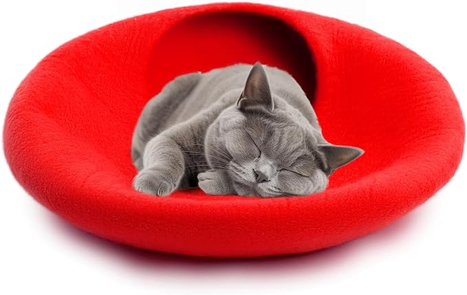 Woolygon Premium Felt Cat Cave Bed – Wool Kitty Beds Handcrafted Kitten Caves Bed for Indoor Cats - Made from Merino Wool, Foldable Cat Hideaway Covered Cat House Pod (Red Plain)