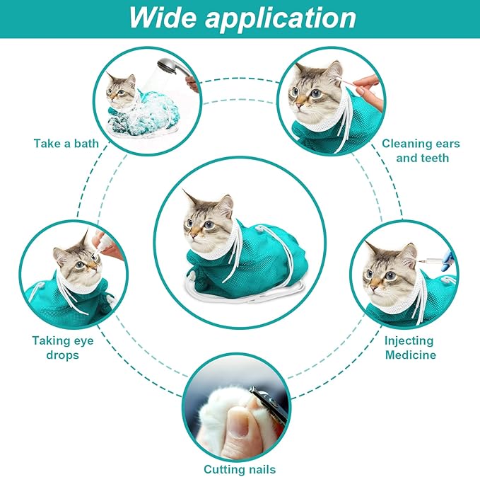 Cat Bathing Bag, Breathable Mesh Cat Shower Washing Bag Anti Scratch Adjustable Cat Grooming Bag for Nail Trimming